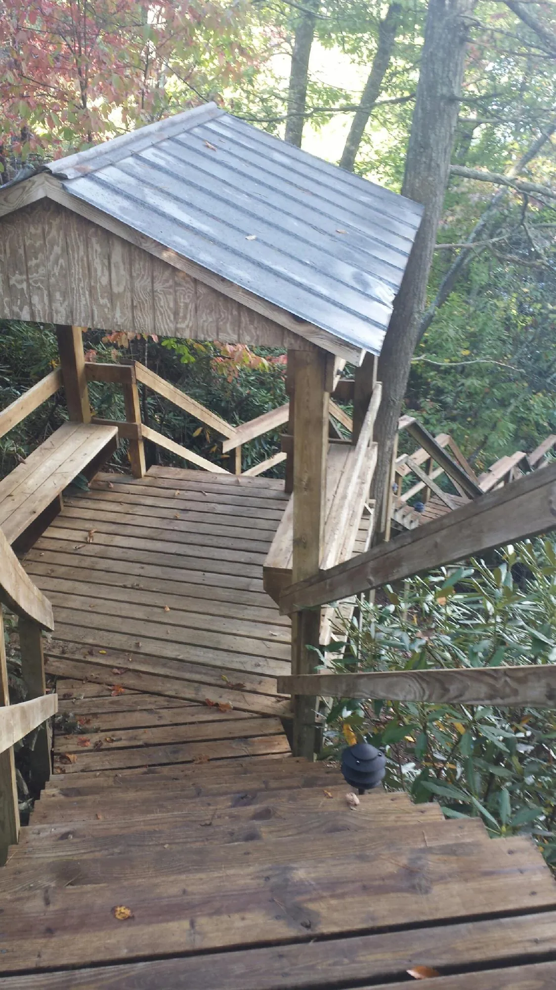 Metal roofed shelter over wooden steps on a wooded walkway — Skylight Repair & Installation work by our crew in Duck River